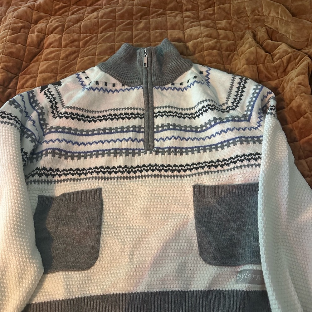 Women’s Taylor Swift folklore Half-Zip Fair Isle Sweater - Gray & White